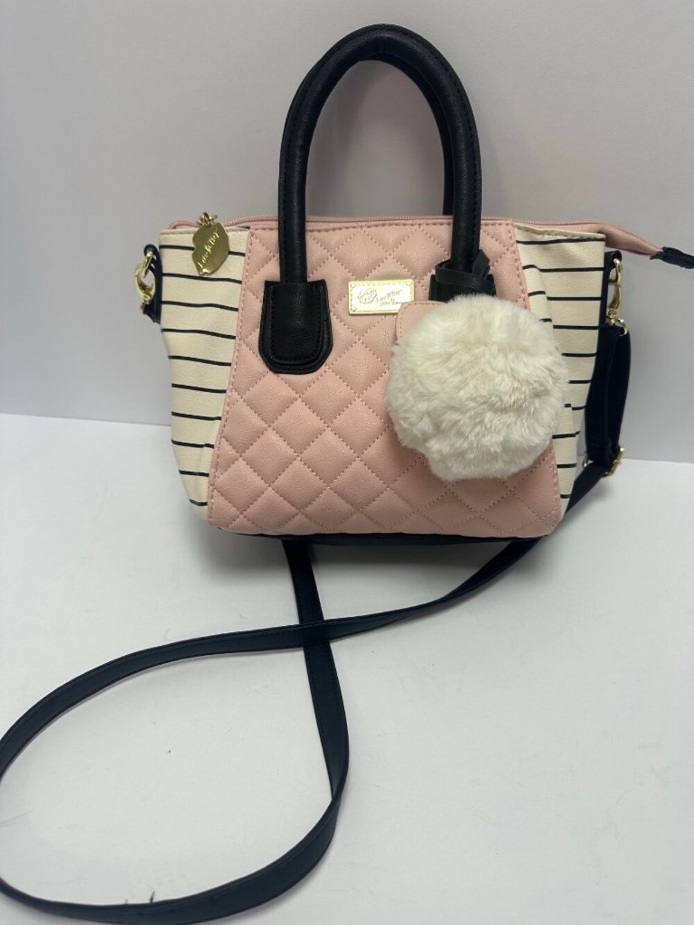 Luv Betsy Johnson Pink White Black Quilted Satchel Purse Pom Pom Y2K
